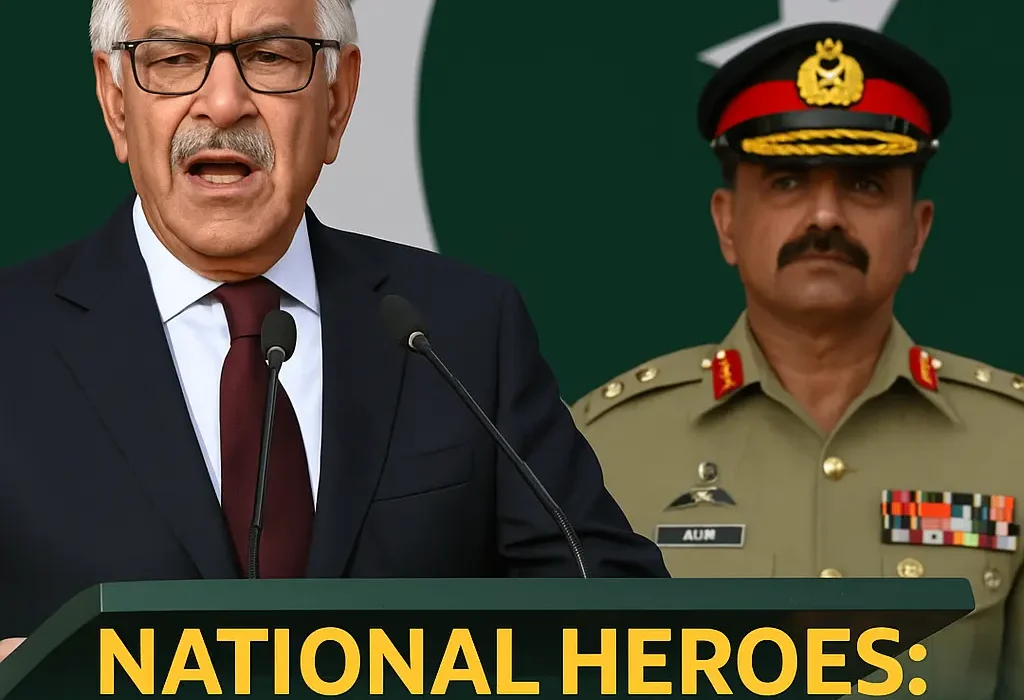 A photograph shows Khawaja Muhammad Asif, the Defence Minister of Pakistan, speaking passionately at a podium with two microphones. Behind him stands a senior Pakistan Army officer in uniform, and a large Pakistani flag is visible in the background. The image captures a moment of national pride and solidarity during a formal outdoor address.