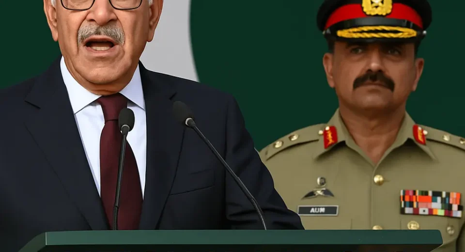 A photograph shows Khawaja Muhammad Asif, the Defence Minister of Pakistan, speaking passionately at a podium with two microphones. Behind him stands a senior Pakistan Army officer in uniform, and a large Pakistani flag is visible in the background. The image captures a moment of national pride and solidarity during a formal outdoor address.