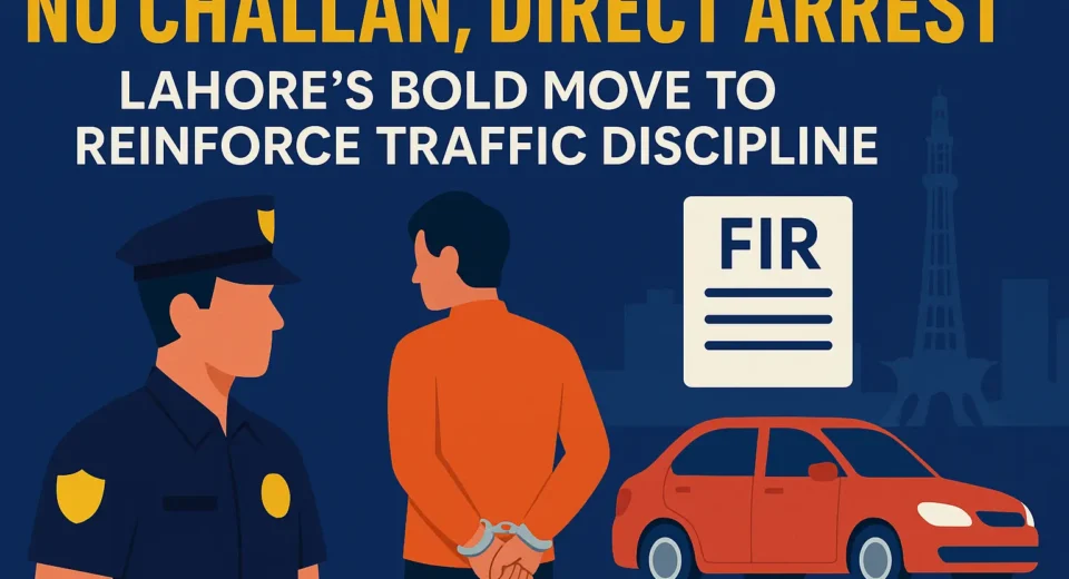 A flat-style illustration shows a police officer and a handcuffed driver beside a red car, with an FIR document and Minar-e-Pakistan in the background.