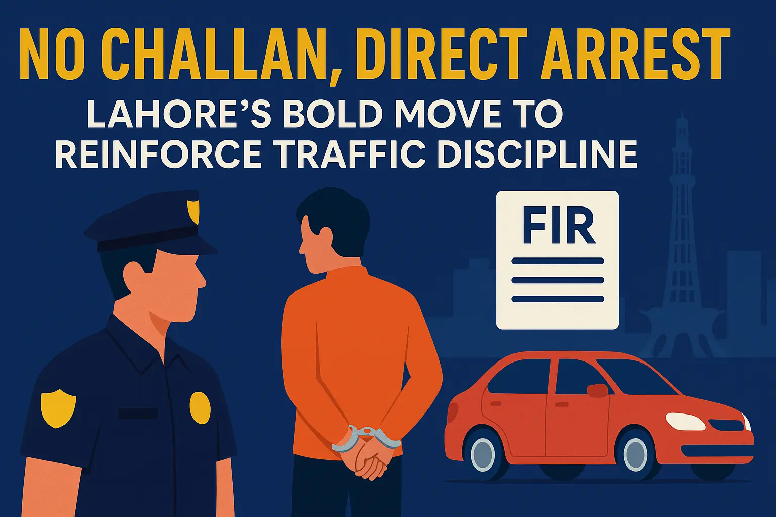 A flat-style illustration shows a police officer and a handcuffed driver beside a red car, with an FIR document and Minar-e-Pakistan in the background.