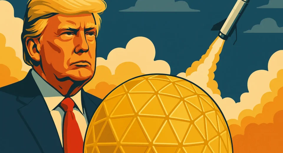 alt txt ChatGPT said: A digital illustration featuring former U.S. President Donald Trump standing confidently in front of a futuristic missile defense system, symbolizing the launch of the $175 billion “Golden Dome” space-based shield project.
