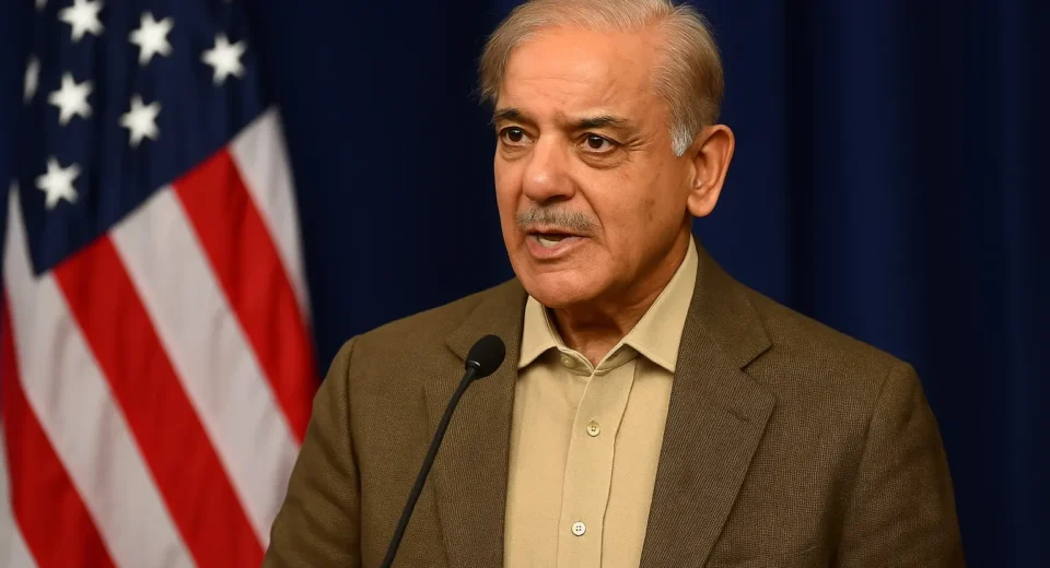 A digital photograph features Shehbaz Sharif, the Prime Minister of Pakistan, speaking at a podium with a microphone, dressed in a beige shirt and brown blazer. An American flag is visible in the background, symbolizing the context of his remarks about U.S. diplomacy and regional peace efforts.