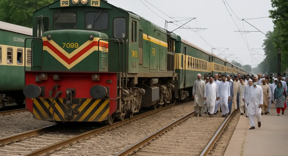 A daytime photograph of a busy Pakistani train station showing a colorful passenger train on the platform with travelers walking alongside, capturing the atmosphere of Eid holiday travel.