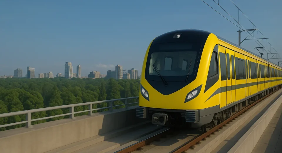 A modern yellow electric train travels on an elevated track in Lahore with a city skyline and lush greenery in the background under a clear blue sky.
