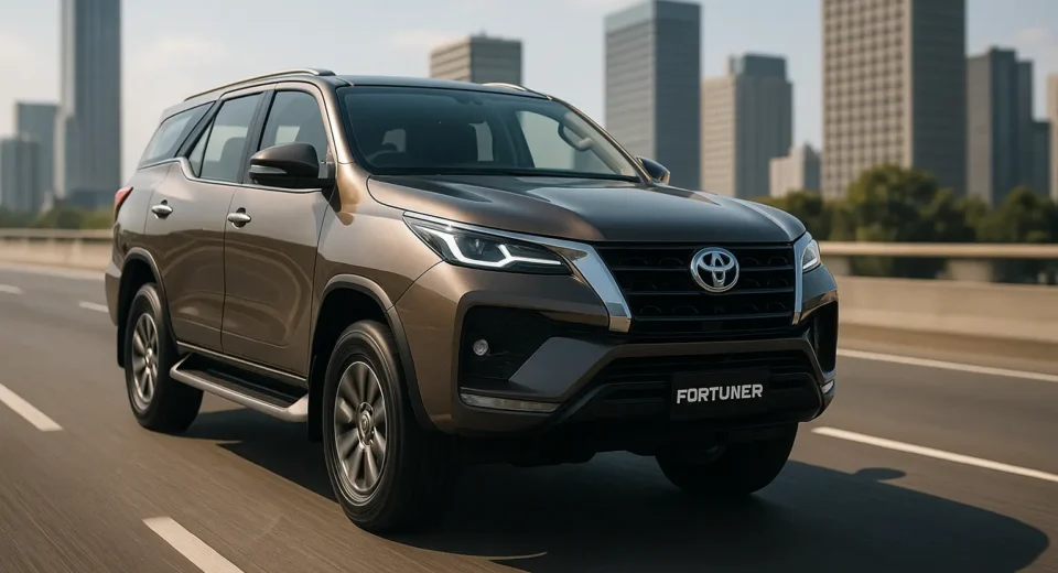 A high-resolution photograph of a Toyota Fortuner SUV parked in a modern urban setting during daylight, symbolizing luxury vehicle trends and rising SUV sales in Pakistan.