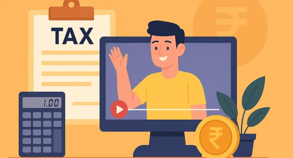 Freelancer and YouTuber tax concept in Pakistan 2025 showing income tax form, digital creator on screen, and Pakistani Rupee symbol