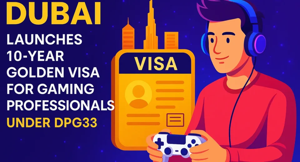 A vibrant digital illustration shows a gamer with headphones holding a controller, alongside a golden visa card and Dubai skyline, highlighting the 10-year Golden Visa launch under DPG33.