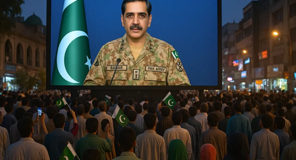 A large crowd of Pakistani citizens gathered in a public space at night, attentively watching a live DG ISPR military briefing on a massive outdoor screen, with national flags visible among the audience.