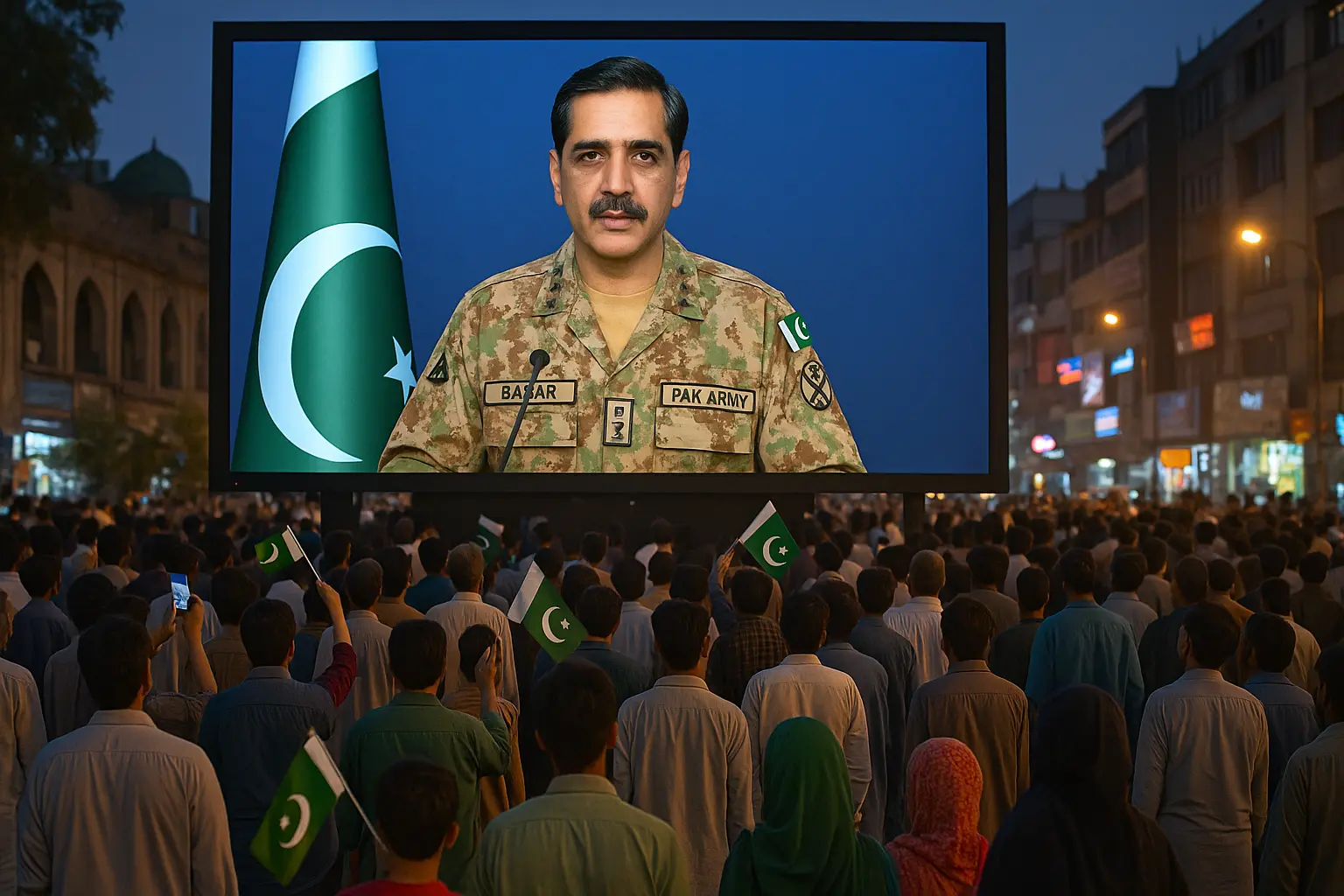 A large crowd of Pakistani citizens gathered in a public space at night, attentively watching a live DG ISPR military briefing on a massive outdoor screen, with national flags visible among the audience.