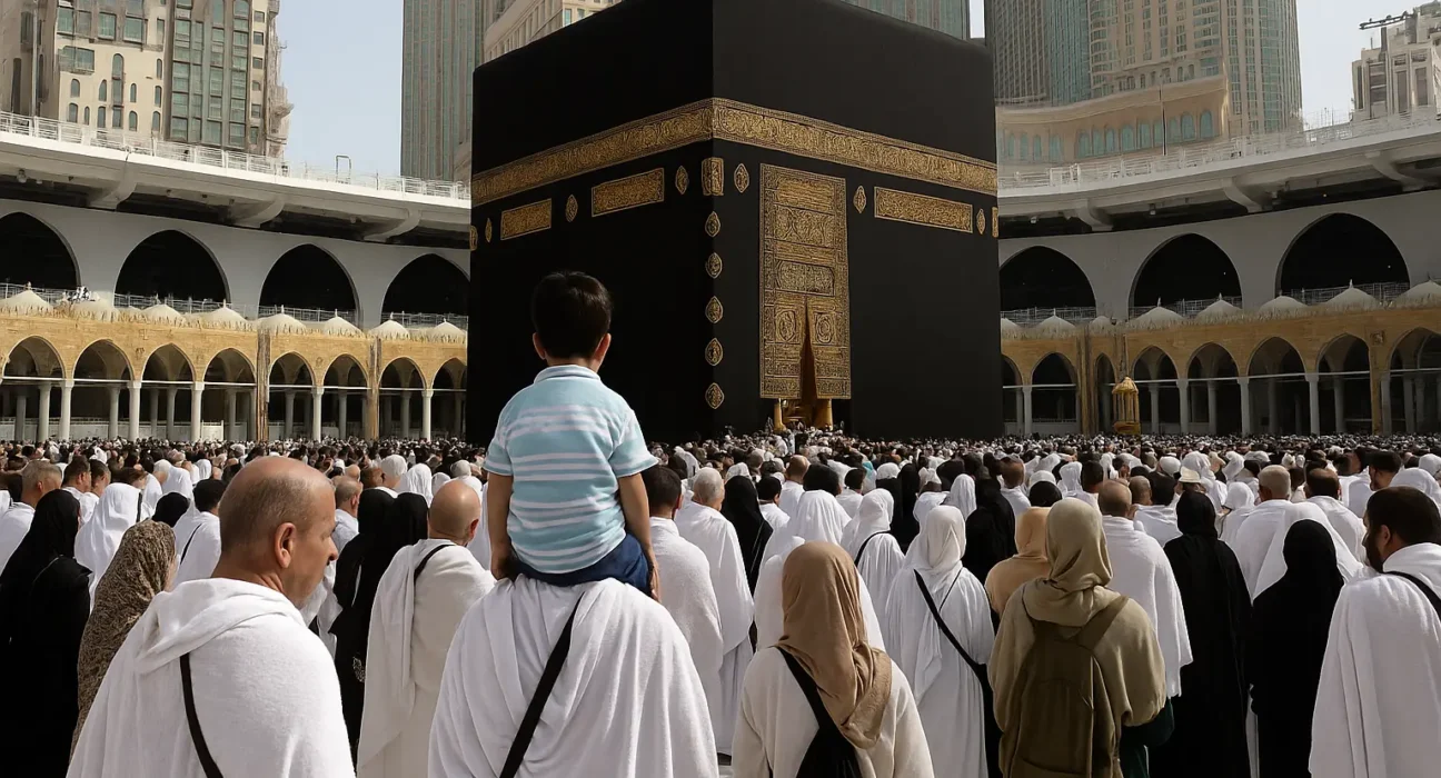 Hajj pilgrims walking through crowded areas near Mecca during peak hours under heat, with no children present due to 2025 safety policy