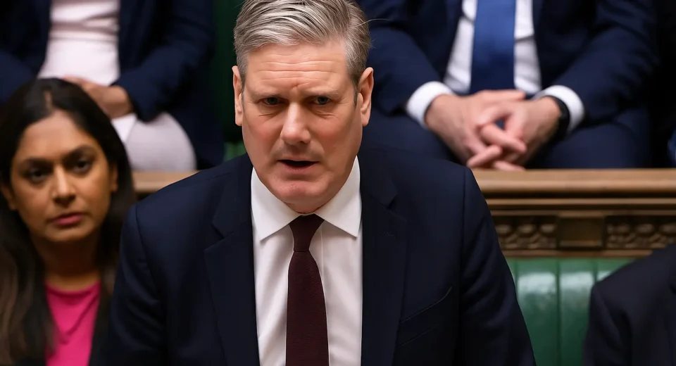 A serious-looking UK Prime Minister addresses Parliament, with a blurred background showing government officials listening attentively.