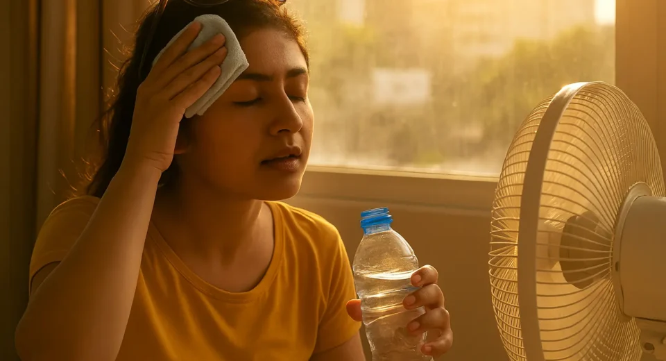 A young South Asian woman in casual, breathable clothing sits by a window drinking water, with sunlight streaming in. She looks calm and refreshed, illustrating a practical way to stay cool during a heatwave.