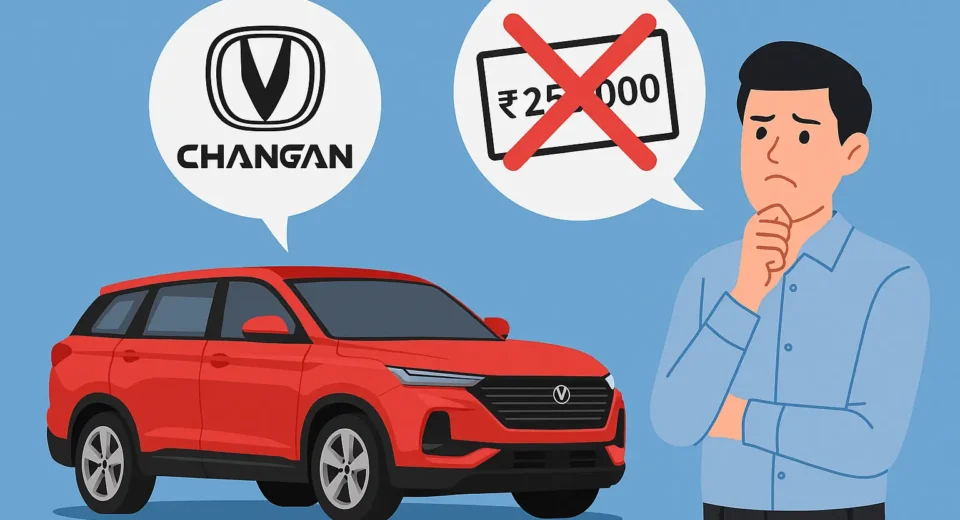 A flat digital illustration features a red SUV and a large voucher labeled with a currency symbol, symbolizing a dispute over a car maintenance offer. The background includes neutral colors with automotive service