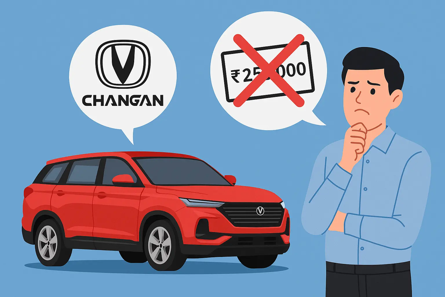 A flat digital illustration features a red SUV and a large voucher labeled with a currency symbol, symbolizing a dispute over a car maintenance offer. The background includes neutral colors with automotive service