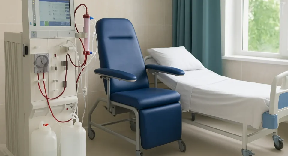 Modern dialysis treatment room with a blue medical chair, dialysis machine, and hospital bed beside a window with natural light and green outdoor view