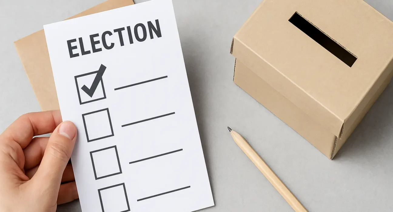 A hand holding a ballot paper with checkboxes beside a cardboard ballot box and wooden pencil on a light gray surface, symbolizing election voting