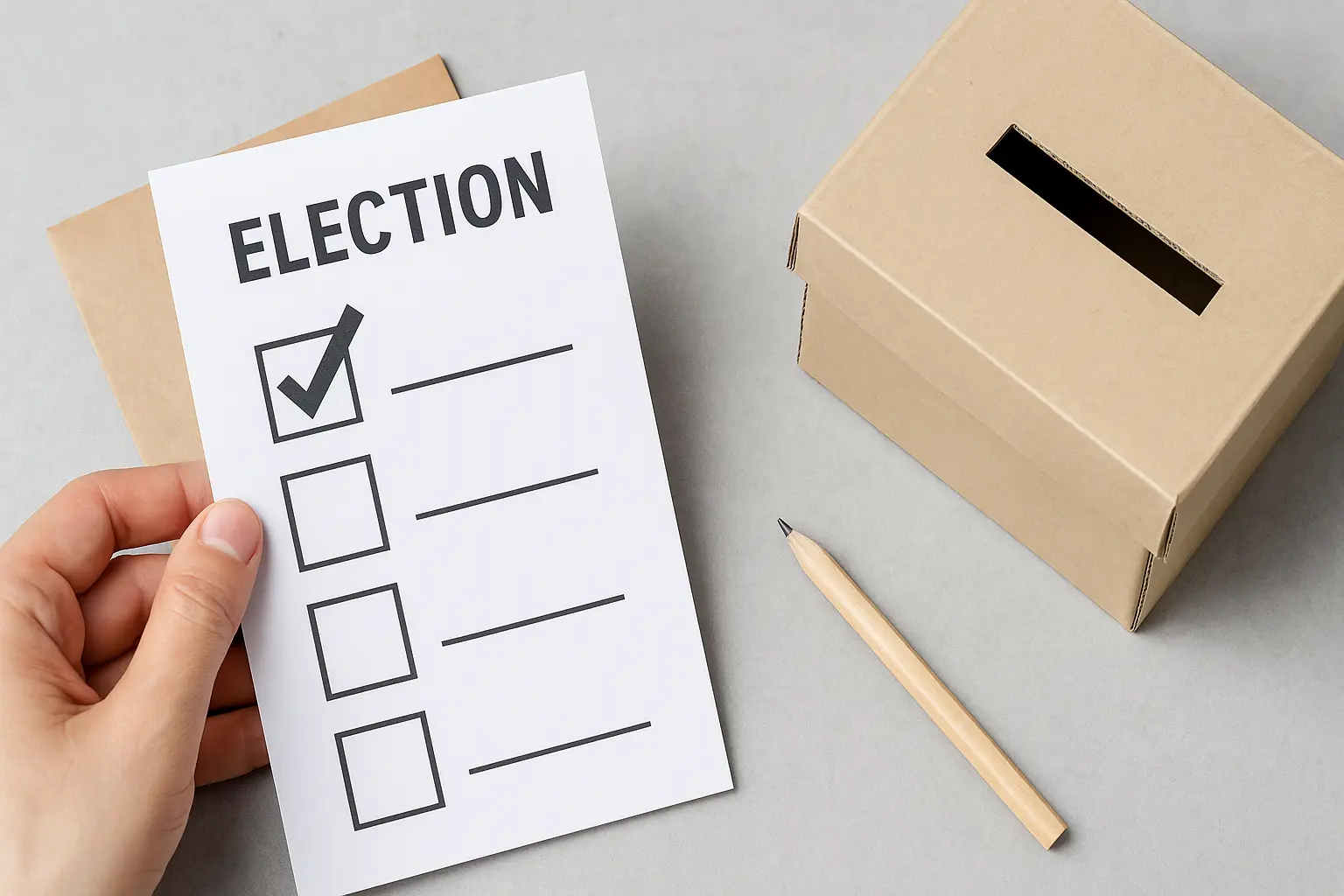 A hand holding a ballot paper with checkboxes beside a cardboard ballot box and wooden pencil on a light gray surface, symbolizing election voting