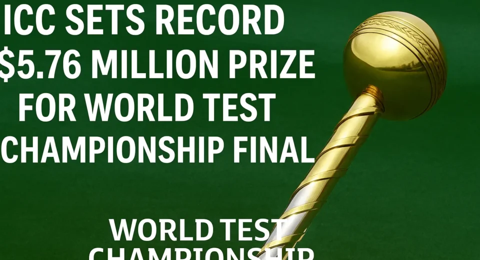 A promotional digital graphic announces the ICC (International Cricket Council) record $5.76 million prize for the World Test Championship Final.