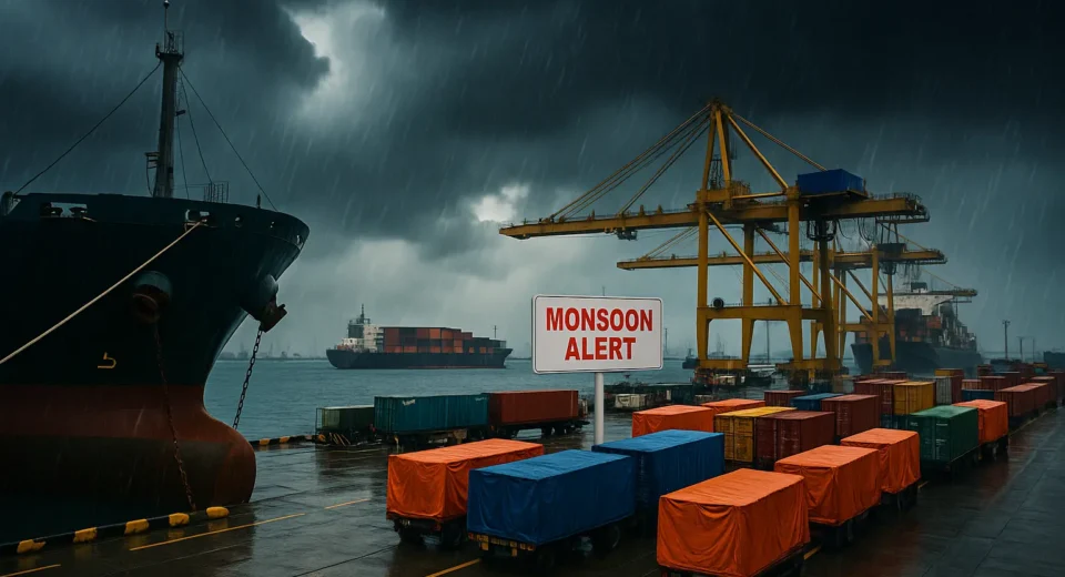 Karachi Port under monsoon alert with secured vessels, heavy rain clouds, and container operations underway to prevent storm damage and ensure safety.