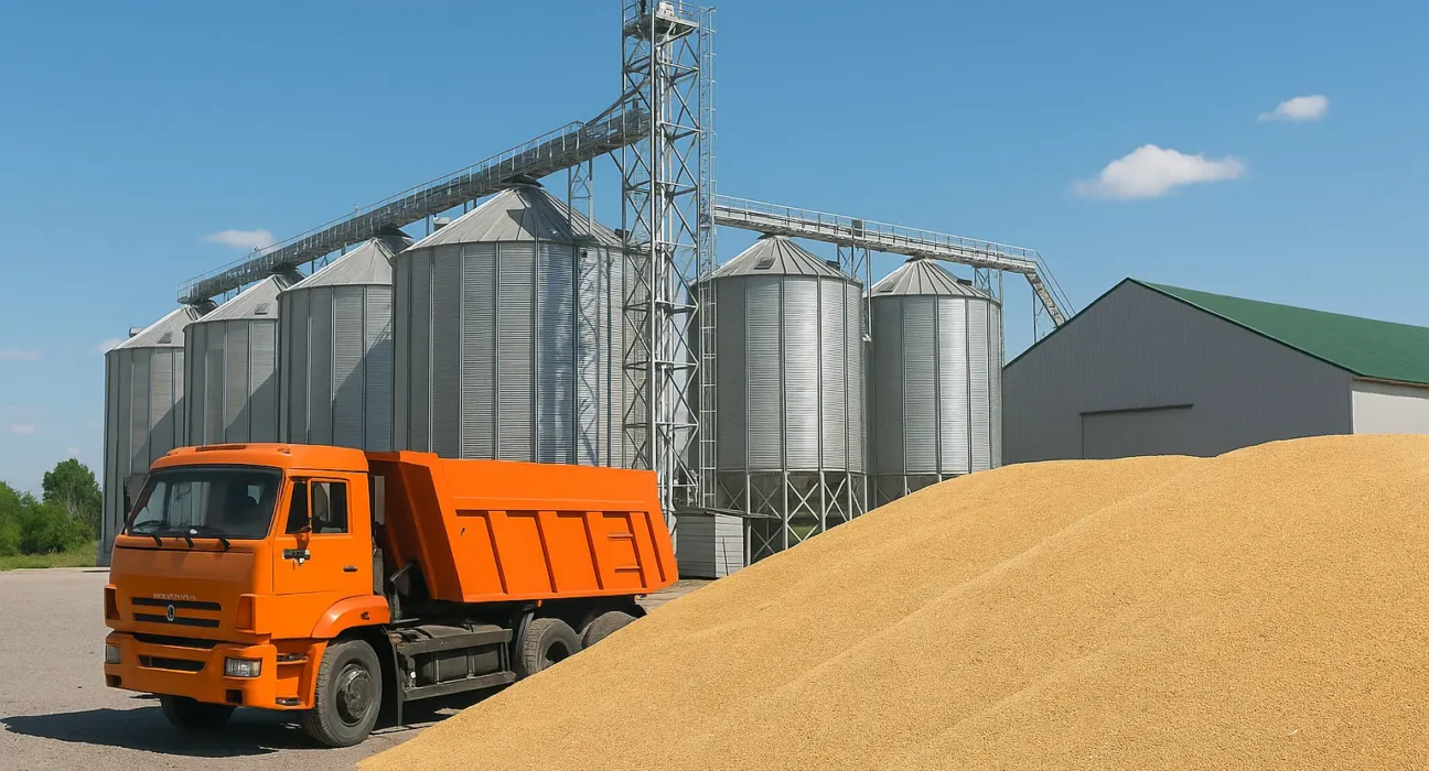 A high-resolution photograph captures a large grain storage facility under a clear blue sky, featuring multiple silver metal silos and a green-roofed warehouse. In the foreground, an orange KAMAZ dump truck with its bed raised is parked beside a large heap of golden wheat, illustrating modern agricultural logistics and post-harvest storage infrastructure.