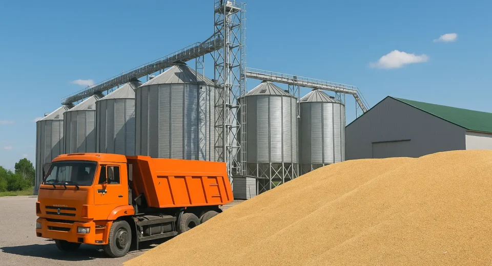 A high-resolution photograph captures a large grain storage facility under a clear blue sky, featuring multiple silver metal silos and a green-roofed warehouse. In the foreground, an orange KAMAZ dump truck with its bed raised is parked beside a large heap of golden wheat, illustrating modern agricultural logistics and post-harvest storage infrastructure.