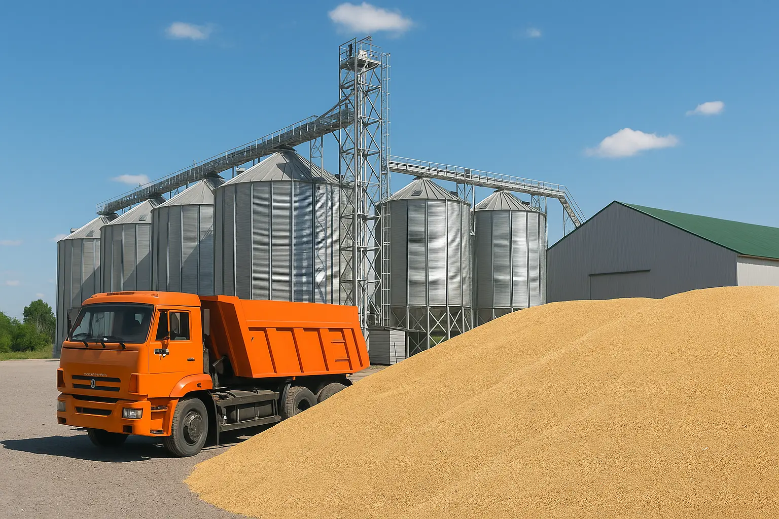 A high-resolution photograph captures a large grain storage facility under a clear blue sky, featuring multiple silver metal silos and a green-roofed warehouse. In the foreground, an orange KAMAZ dump truck with its bed raised is parked beside a large heap of golden wheat, illustrating modern agricultural logistics and post-harvest storage infrastructure.