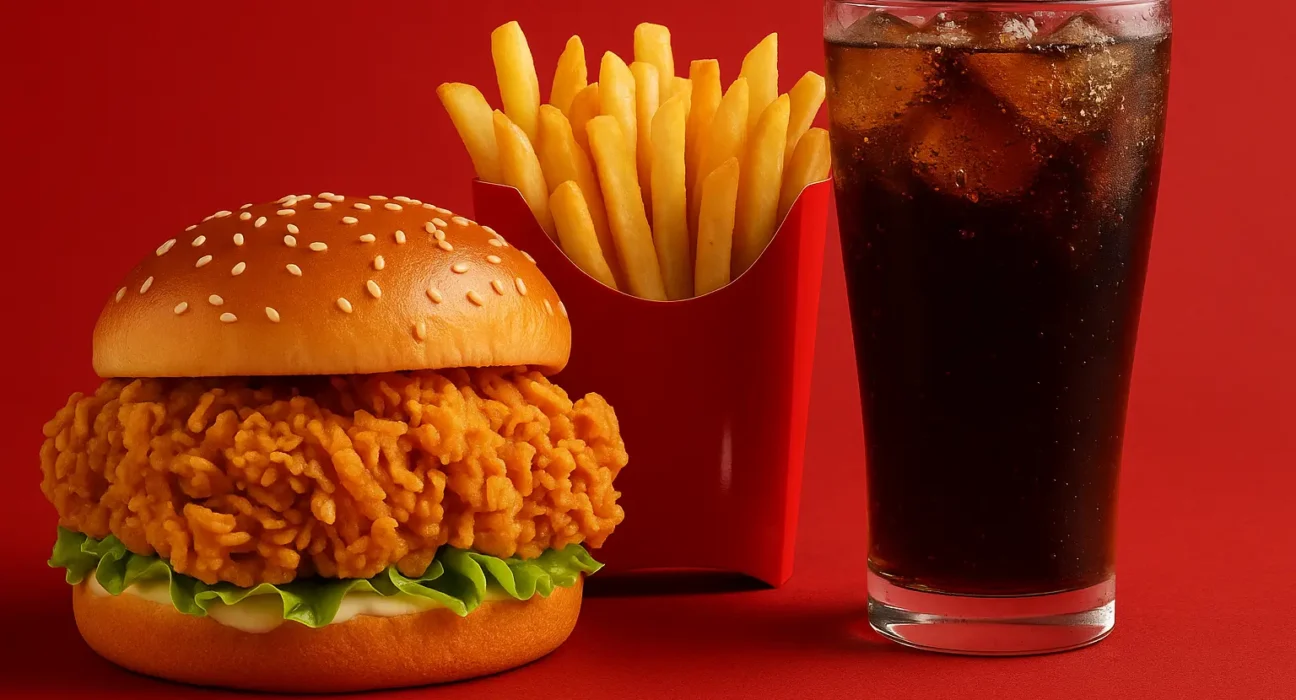 A high-resolution digital photograph showcases a crispy fried chicken burger with lettuce and mayonnaise on a sesame seed bun, served alongside a portion of golden French fries in a red container and a chilled glass of cola with ice, all set against a vibrant red background.