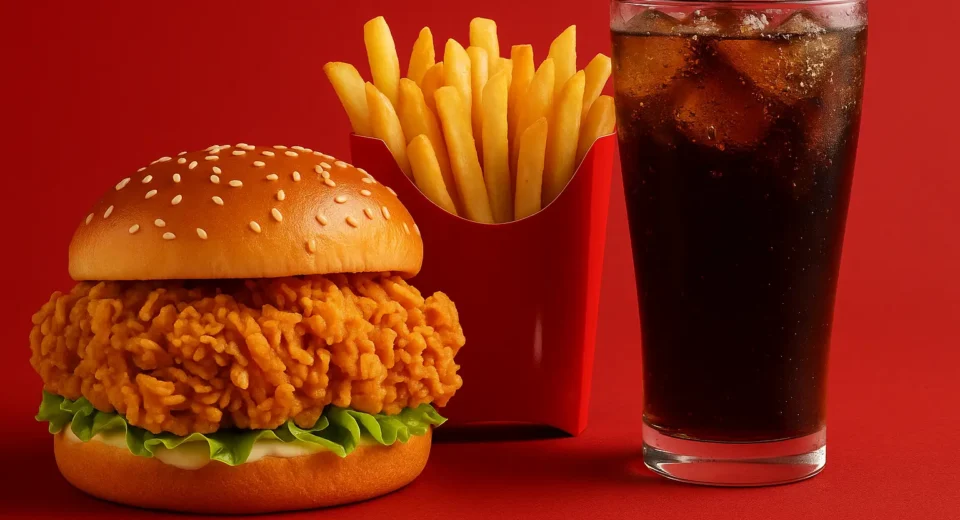 A high-resolution digital photograph showcases a crispy fried chicken burger with lettuce and mayonnaise on a sesame seed bun, served alongside a portion of golden French fries in a red container and a chilled glass of cola with ice, all set against a vibrant red background.
