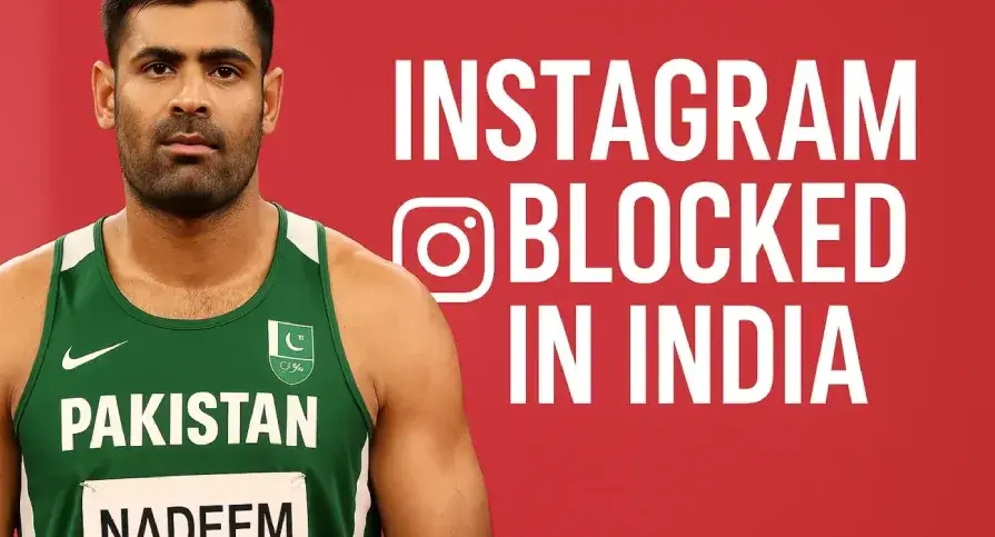 A composite image showing Pakistani athlete Arshad Nadeem holding a javelin, overlaid with a faded Instagram logo and a blocked access icon, symbolizing the restriction of his Instagram account in India due to a government request.
