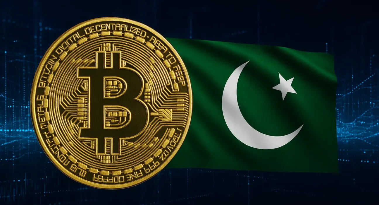 Bitcoin coin and Pakistan flag in the background, symbolizing the launch of the country’s first state-backed crypto reserve in 2025