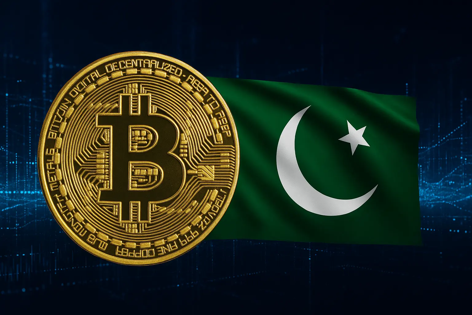 Bitcoin coin and Pakistan flag in the background, symbolizing the launch of the country’s first state-backed crypto reserve in 2025