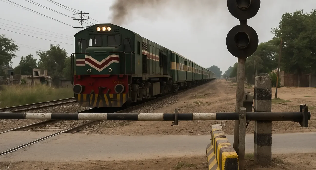 Pakistan Railways train crossing an old level crossing with no barriers or safety signals, highlighting urgent infrastructure and safety reform needs.