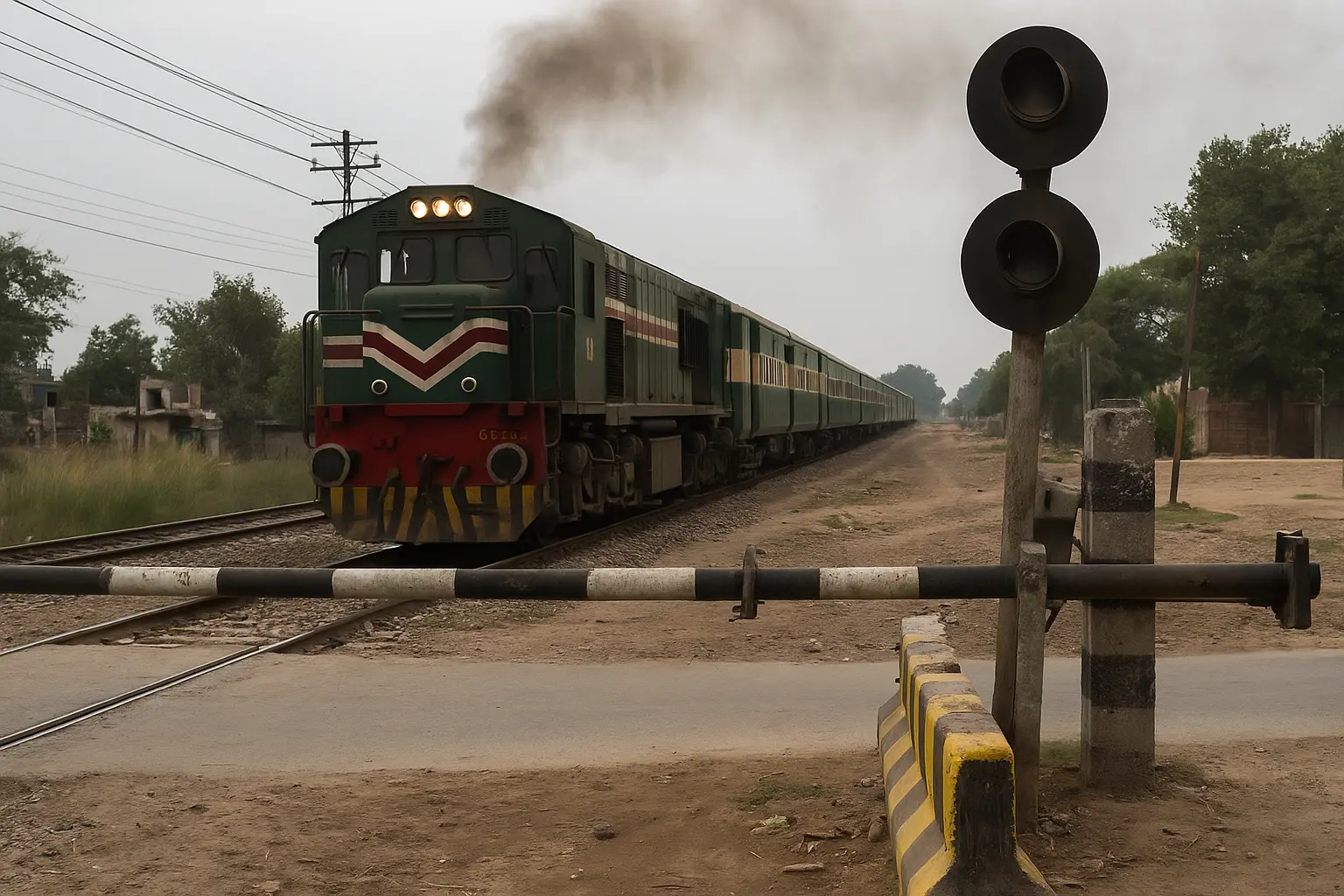 Pakistan Railways train crossing an old level crossing with no barriers or safety signals, highlighting urgent infrastructure and safety reform needs.