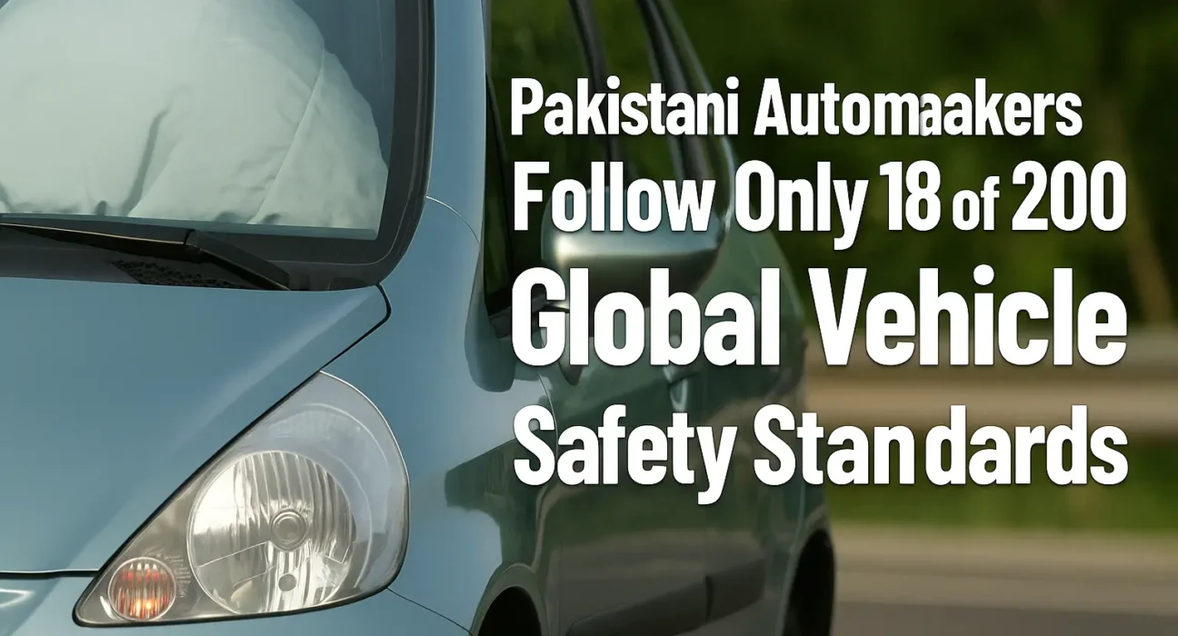 A lineup of locally manufactured Pakistani cars highlighting the lack of global safety features like airbags and ABS, reflecting poor safety compliance in 2025.