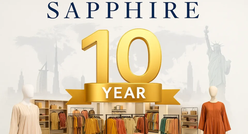 A high-resolution digital composite image representing Sapphire’s 10-year retail journey, featuring a modern retail store interior with stylish mannequins, fashion displays, and ambient lighting, symbolizing luxury fashion and global brand evolution.