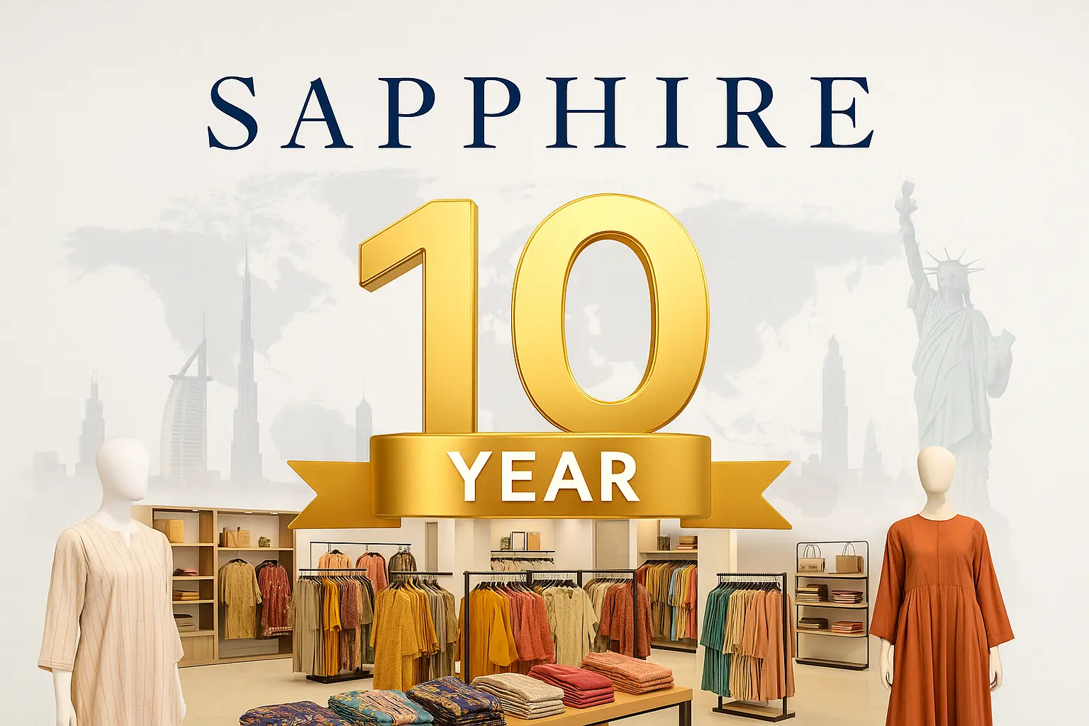 A high-resolution digital composite image representing Sapphire’s 10-year retail journey, featuring a modern retail store interior with stylish mannequins, fashion displays, and ambient lighting, symbolizing luxury fashion and global brand evolution.