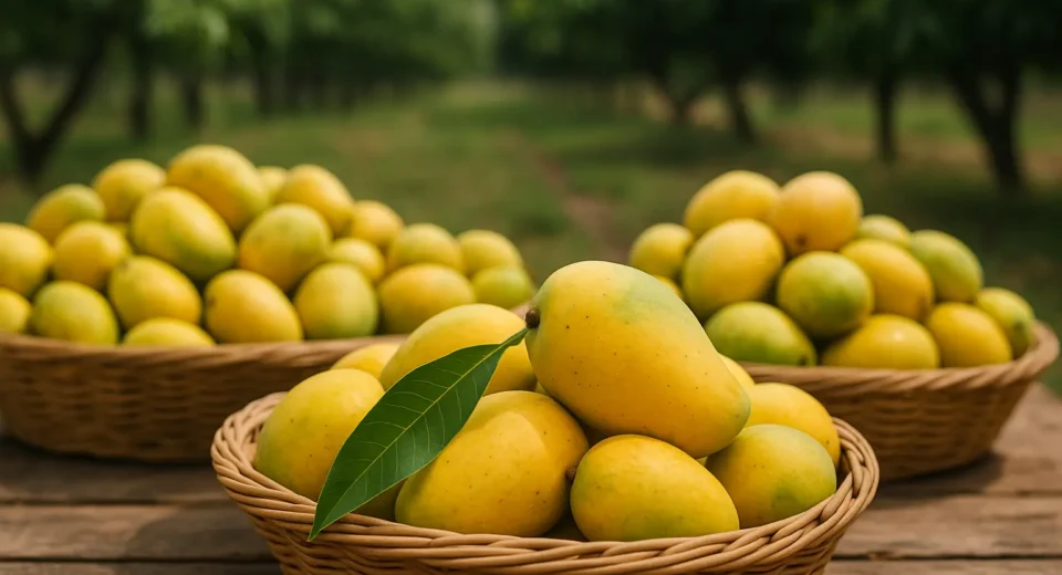 A close-up, high-resolution photograph of fresh, ripe Pakistani mangoes stacked in neat rows at an outdoor market, captured during daytime.