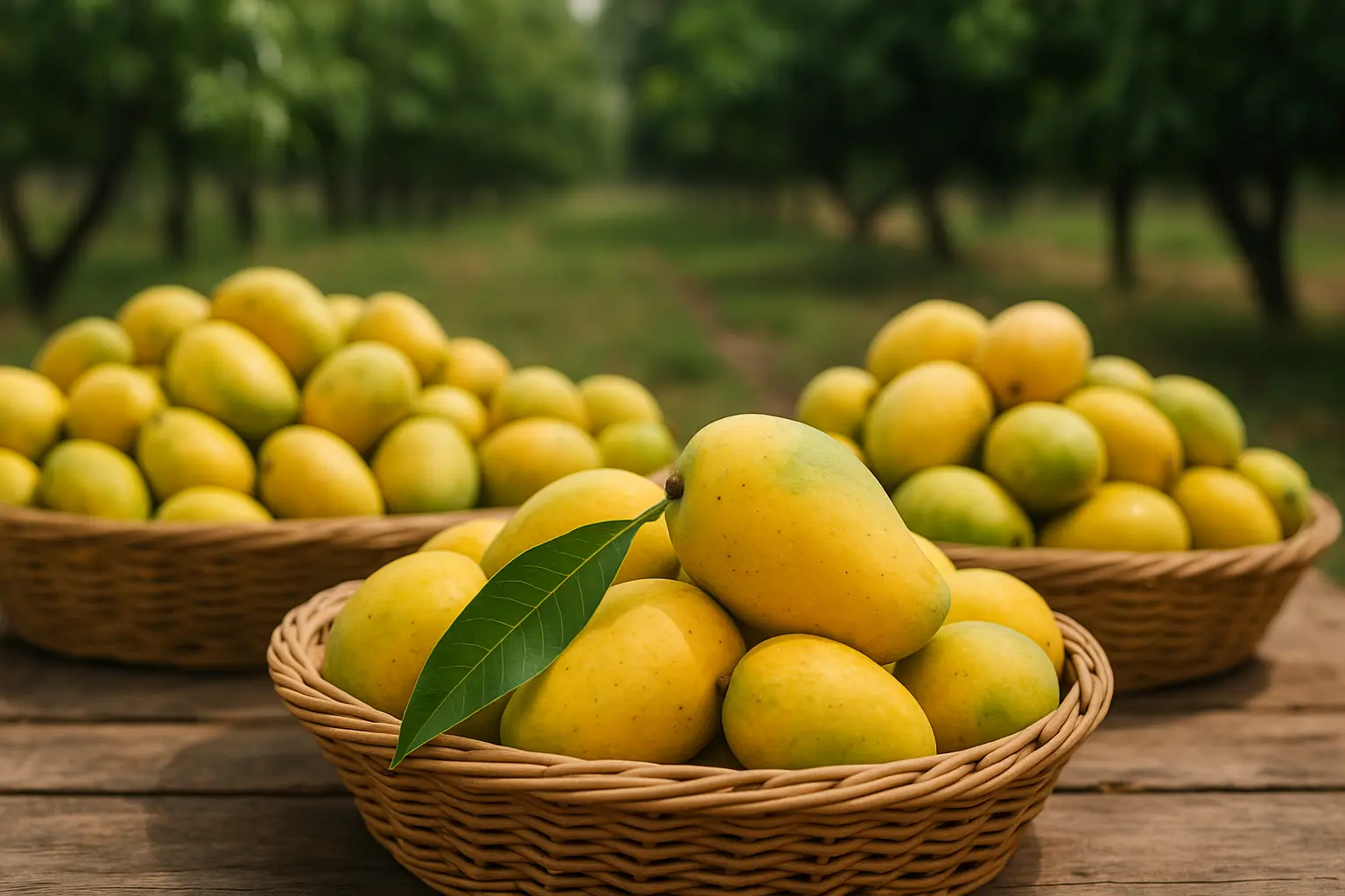 A close-up, high-resolution photograph of fresh, ripe Pakistani mangoes stacked in neat rows at an outdoor market, captured during daytime.