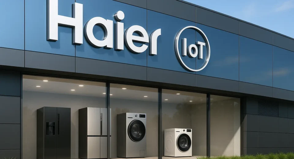 A high-resolution digital photograph of a modern Haier exhibition booth displaying innovative smart home appliances and IoT solutions, symbolizing the brand’s global presence and technological leadership.