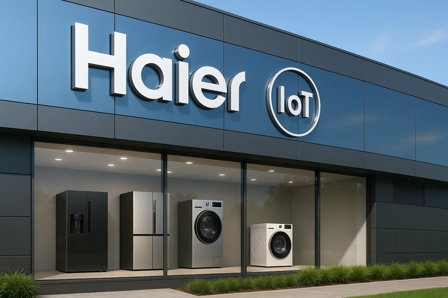 A high-resolution digital photograph of a modern Haier exhibition booth displaying innovative smart home appliances and IoT solutions, symbolizing the brand’s global presence and technological leadership.