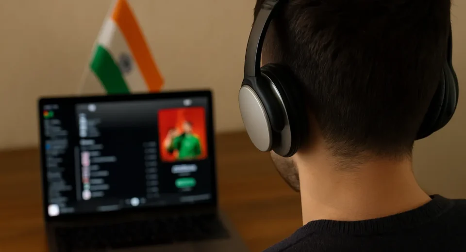 A digital photograph captures the back of a person wearing over-ear headphones while using a laptop to browse a music streaming app. The screen displays a playlist interface, and an Indian flag is subtly placed in the background, symbolizing the context of digital media restrictions.