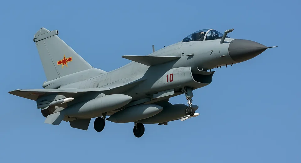 A Chengdu J-10C fighter jet in flight above mountainous terrain, showcasing its sleek design and modern combat capabilities, symbolizing China's growing influence in global defense aviation.