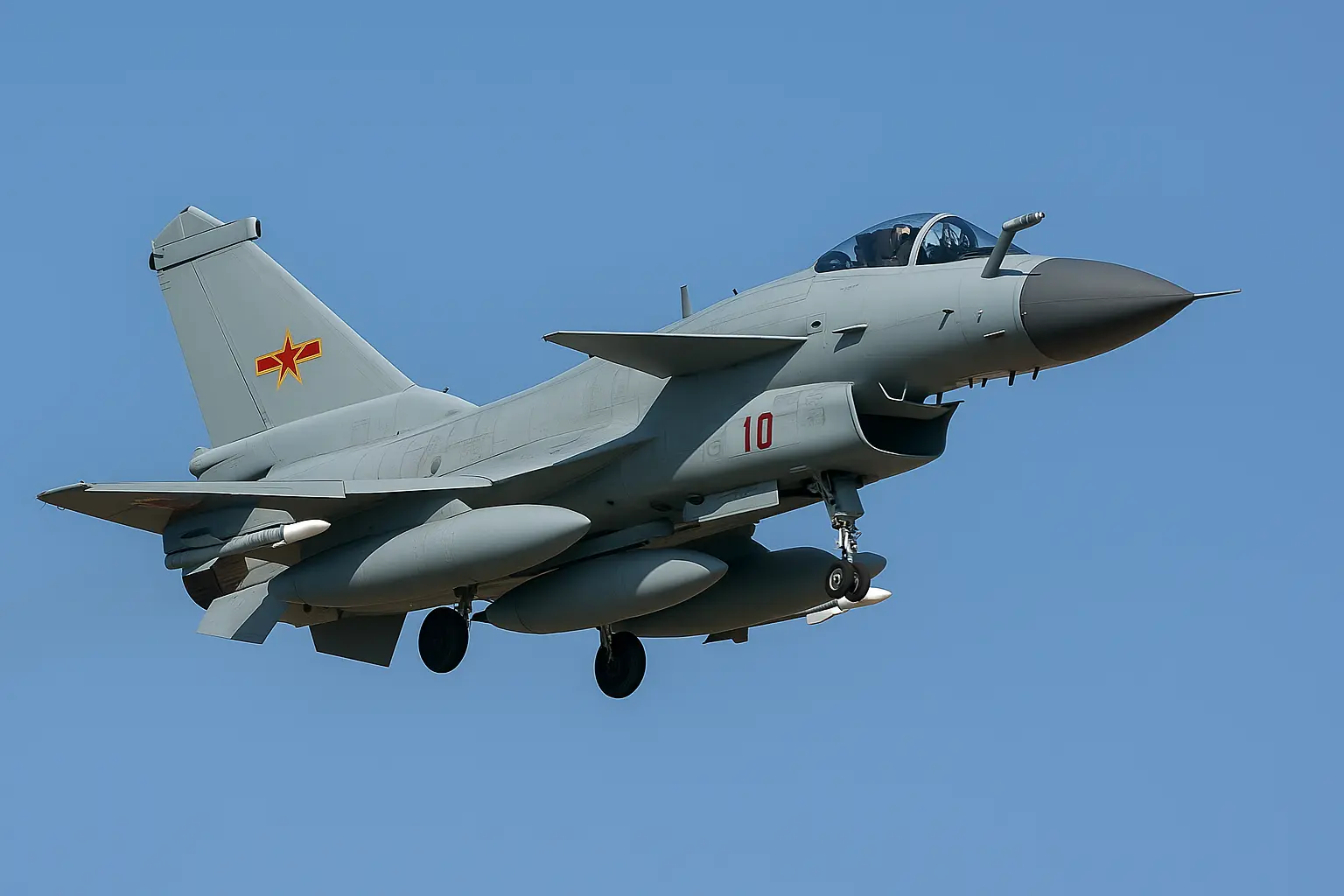 A Chengdu J-10C fighter jet in flight above mountainous terrain, showcasing its sleek design and modern combat capabilities, symbolizing China's growing influence in global defense aviation.