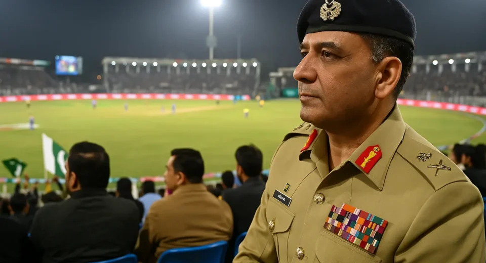 A photograph captures a South Asian military officer in a khaki uniform and black beret watching a cricket match at a packed stadium under bright floodlights. The officer, seated among a crowd of spectators waving Pakistani flags, looks intently toward the field as players compete, symbolizing national unity and public engagement through sports.