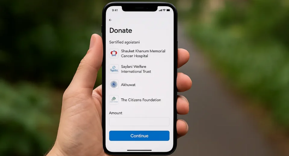 A high-resolution digital illustration showcasing a smartphone with the Taptap Send app open, symbolizing fast, secure, and direct donations from overseas Pakistanis to verified charities in Pakistan.