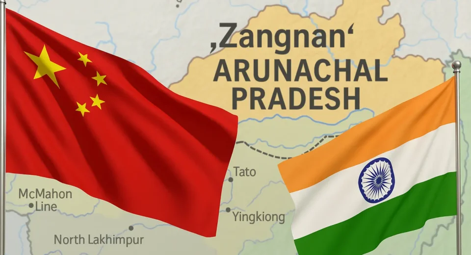 A news-themed digital image showing the flags of India and China facing each other with a mountainous border region in the background, symbolizing geopolitical tension over Arunachal Pradesh.