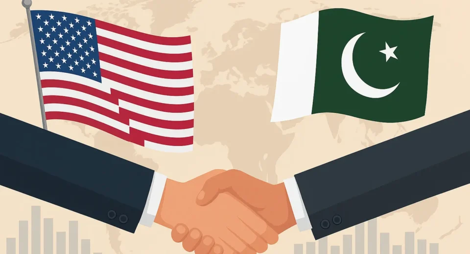A flat digital illustration showing the American and Pakistani flags overlapping with trade-related icons like shipping containers, currency symbols, and arrows indicating exchange, symbolizing a proposed zero-tariff trade agreement between the United States and Pakistan.