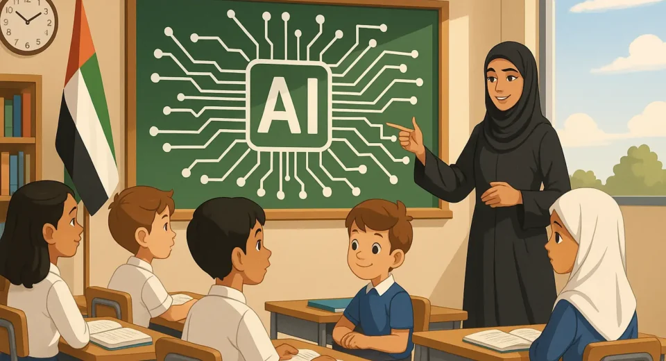 A digital illustration showing a futuristic classroom in the UAE, where young students interact with humanoid robots and artificial intelligence-powered screens, representing the integration of AI education from kindergarten to Grade 12