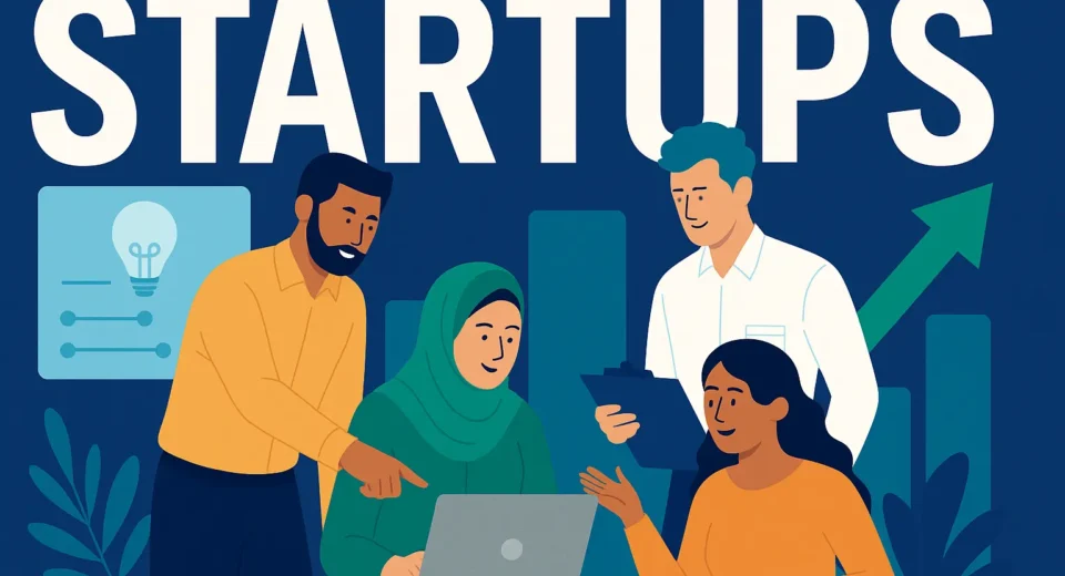 A flat-style digital illustration showcasing a diverse group of young Pakistani entrepreneurs interacting with laptops, charts, and mobile apps, symbolizing innovation and the startup ecosystem in Pakistan.