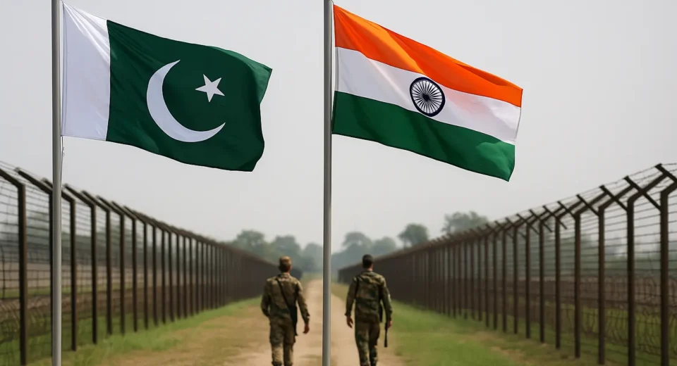A photograph captures two flags, Pakistan’s and India’s, standing side by side against a clear sky, symbolizing diplomatic efforts and peace negotiations between the two nations.